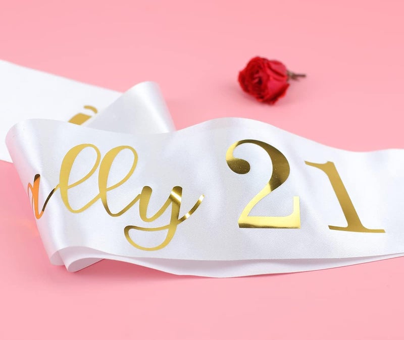 Docooniver 21st Birthday Sash for Girls and Women,Finally 21 Sash White with Gold Foil Lettering - Image 2